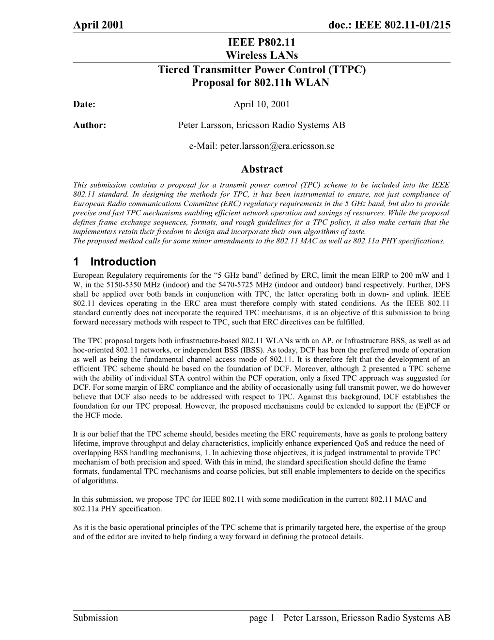 Tiered Transmitter Power Control (TTPC) Proposal for 802.11H WLAN