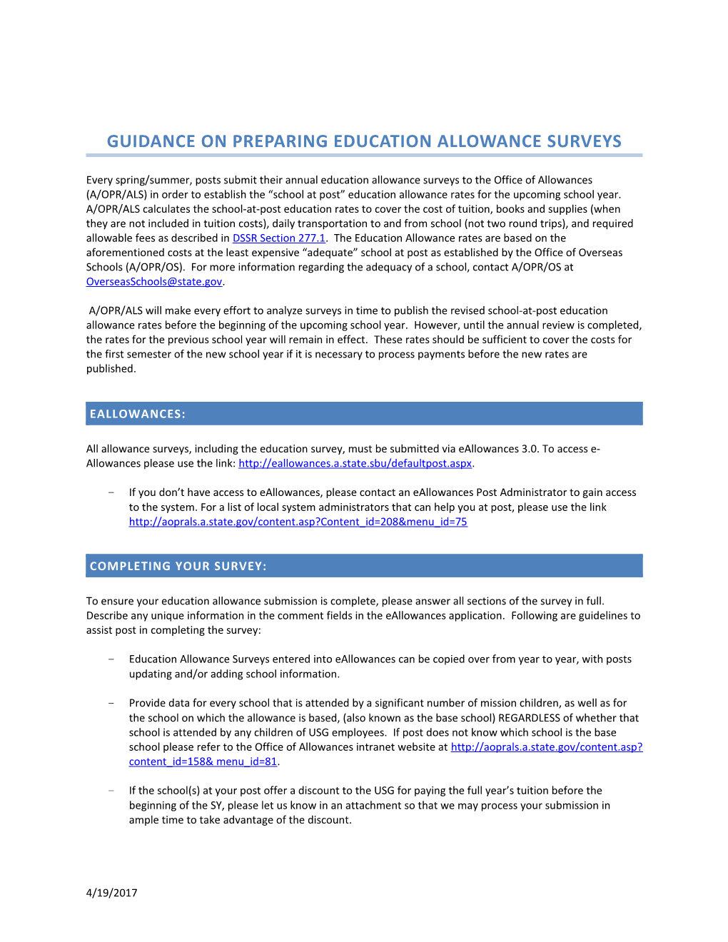 Guidance on Preparing Education Allowance Surveys