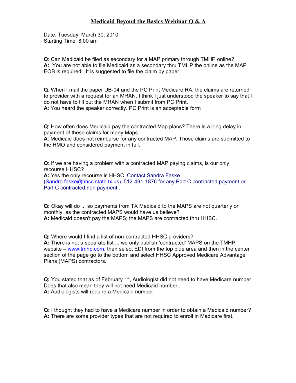 Q&A Session for Medicaid Beyond the Basics Webinar from March 20, 2010