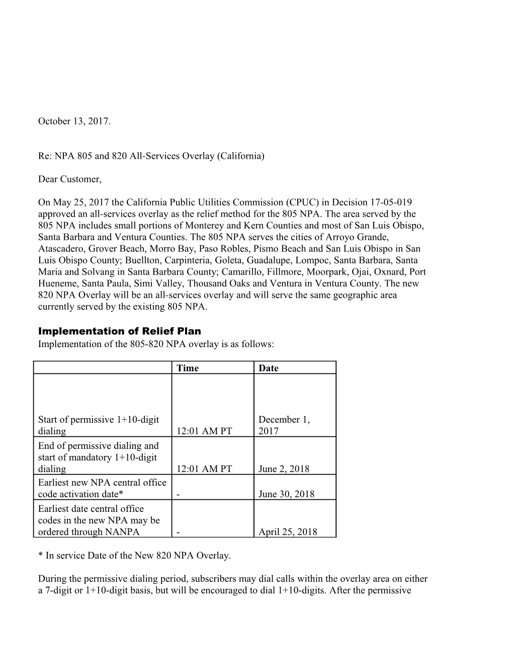 Re: NPA 805 and 820 All-Services Overlay (California)