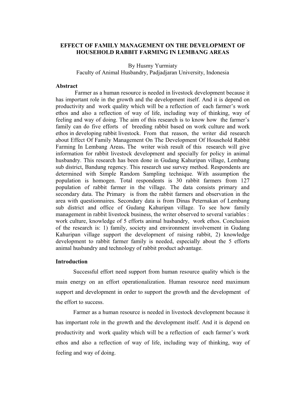 Effect of Family Management on the Development of Household Rabbit Farming in Lembang Areas