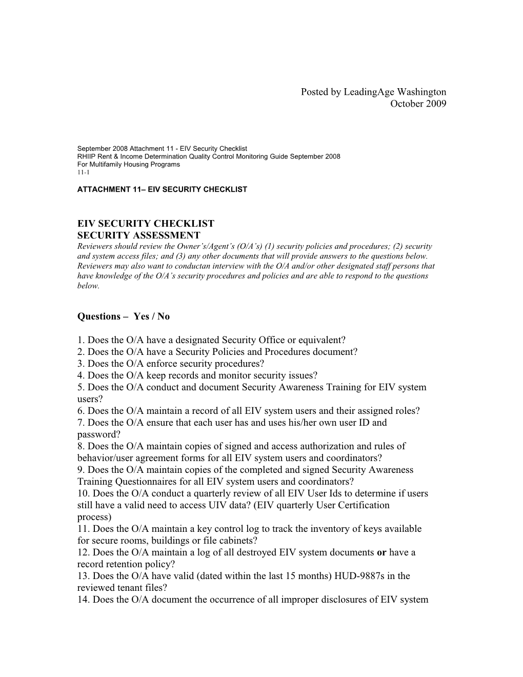 September 2008 Attachment 11 - EIV Security Checklist