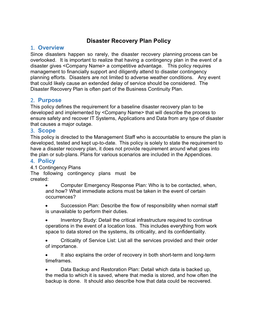 Disaster Recovery Plan Policy