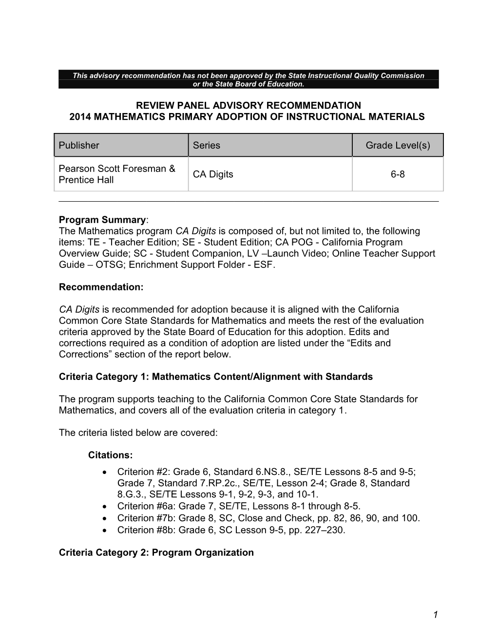 2014 California Digits - Instructional Materials (CA Dept of Education)