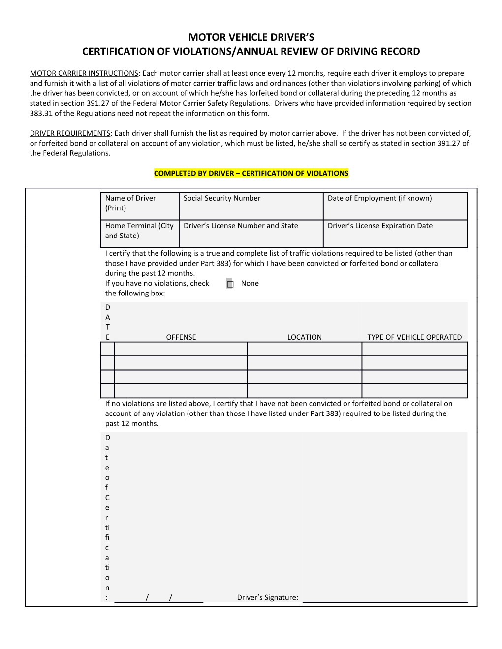 Certification of Violations/Annual Review of Driving Record