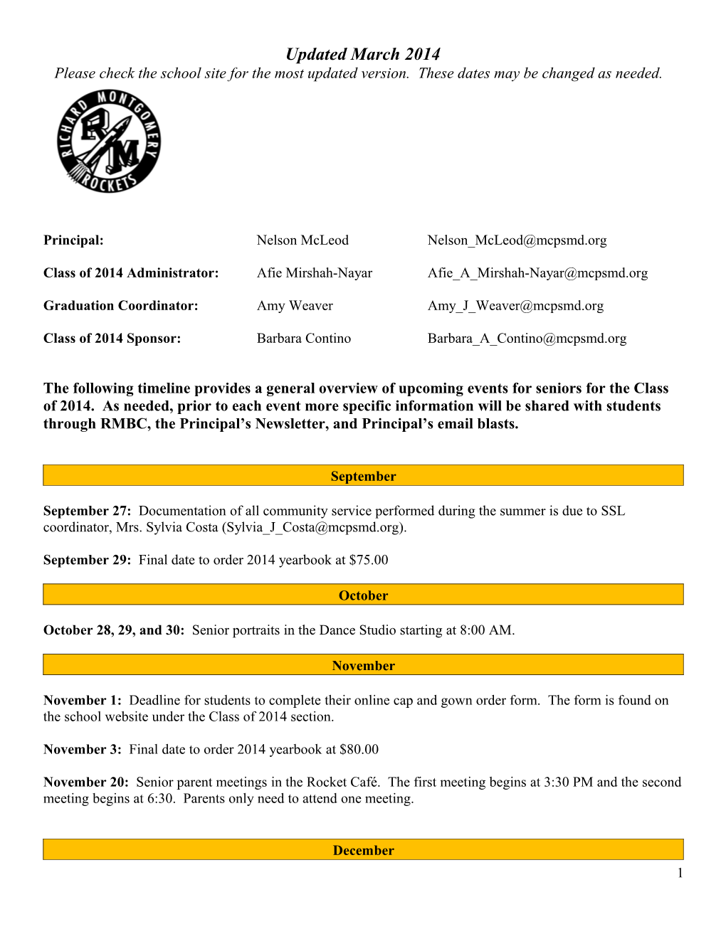 Please Check the School Site for the Most Updated Version. These Dates May Be Changed