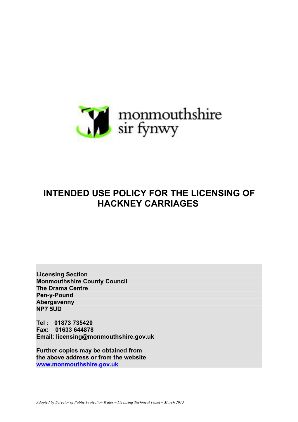 Powys County Council Intended Use Policy for the Licensing of Hackney Carriages