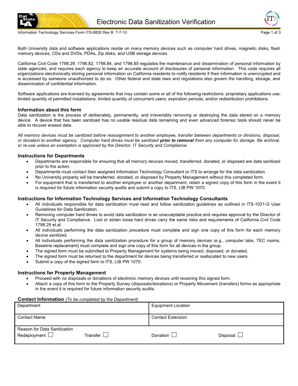 Information Technology Services Form ITS-8830 Rev B 7-7-10Page 1 of 3