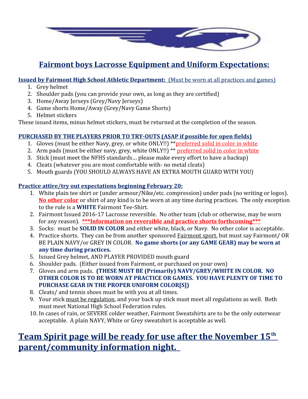 Fairmontboys Lacrosse Equipment and Uniform Expectations