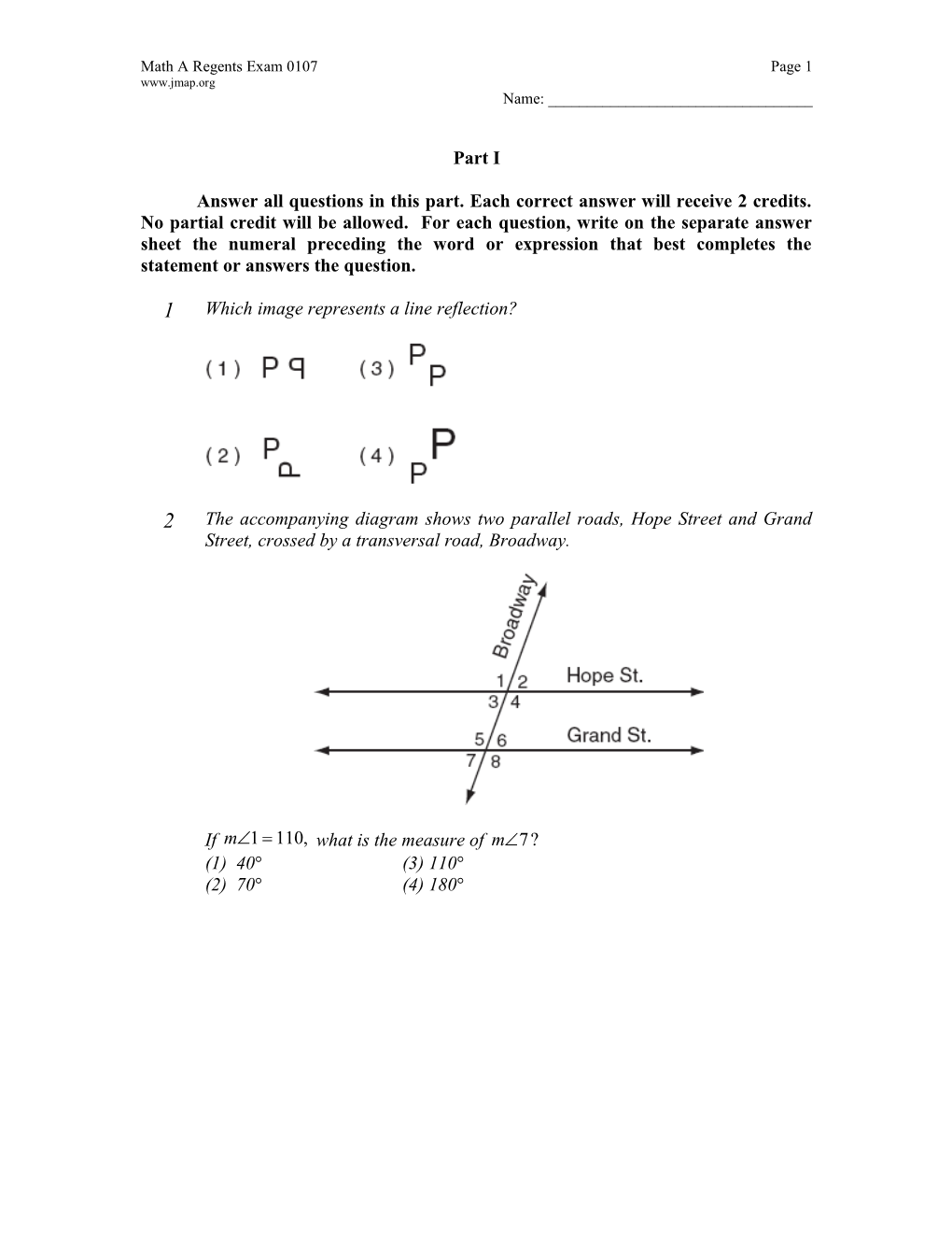 January 2007 Math a Regents Exam