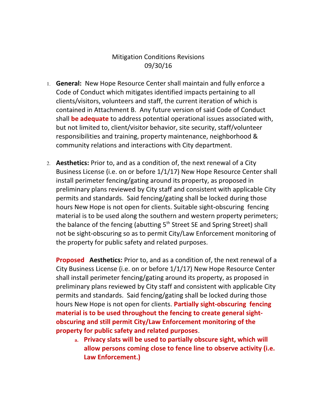 Mitigation Conditions Revisions