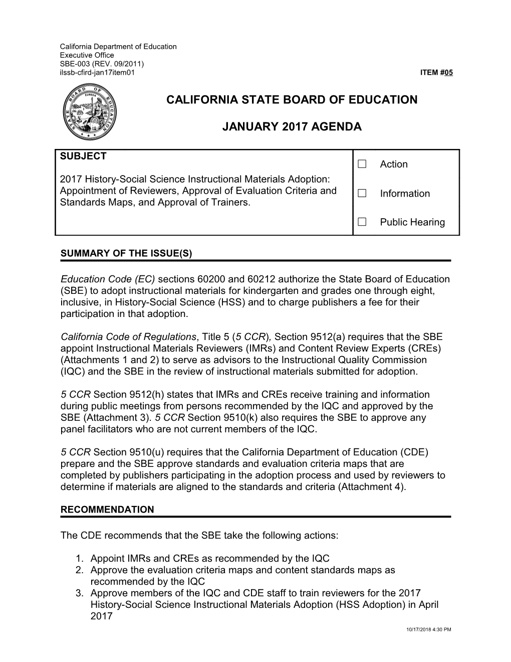 January 2017 Agenda Item 05 - Meeting Agendas (CA State Board of Education)