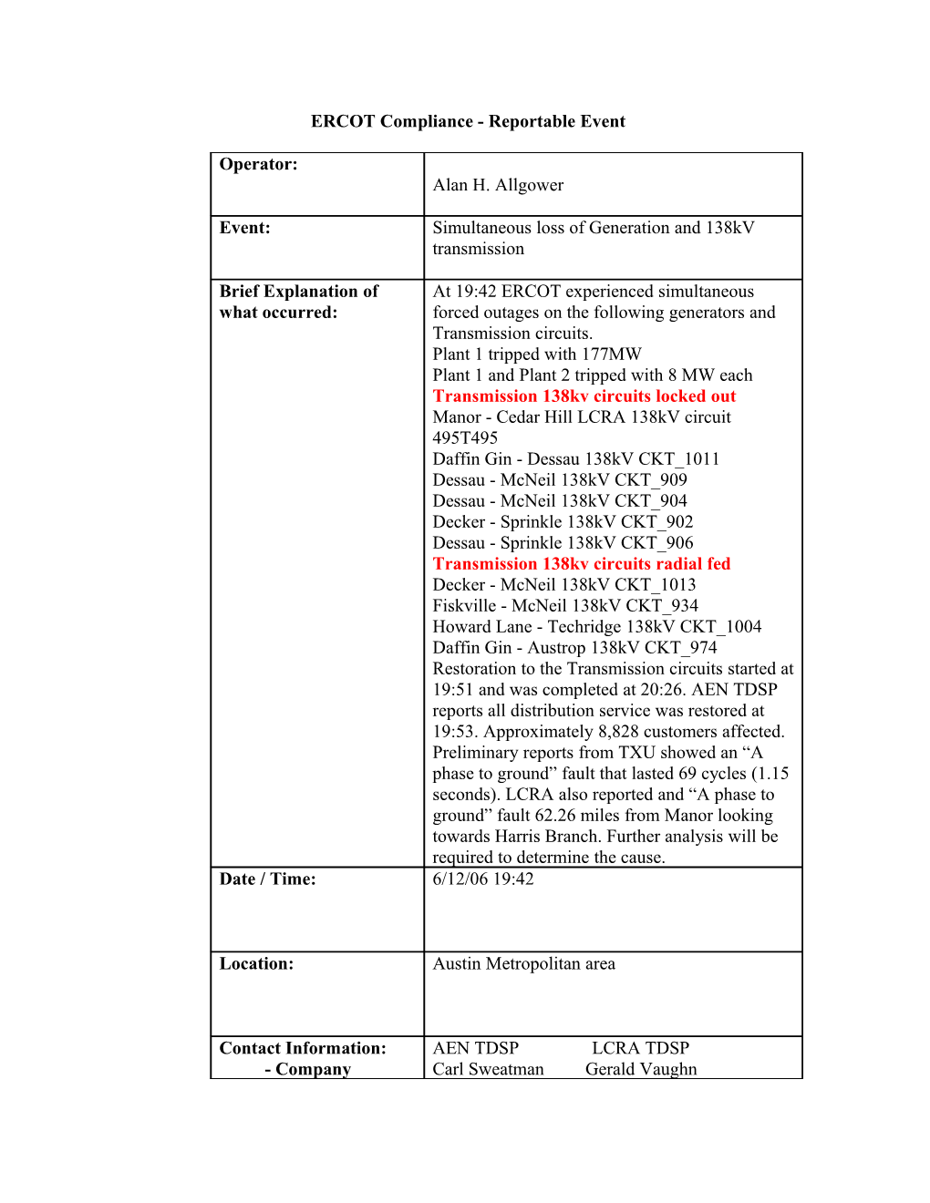 ERCOT Compliance - Reportable Event