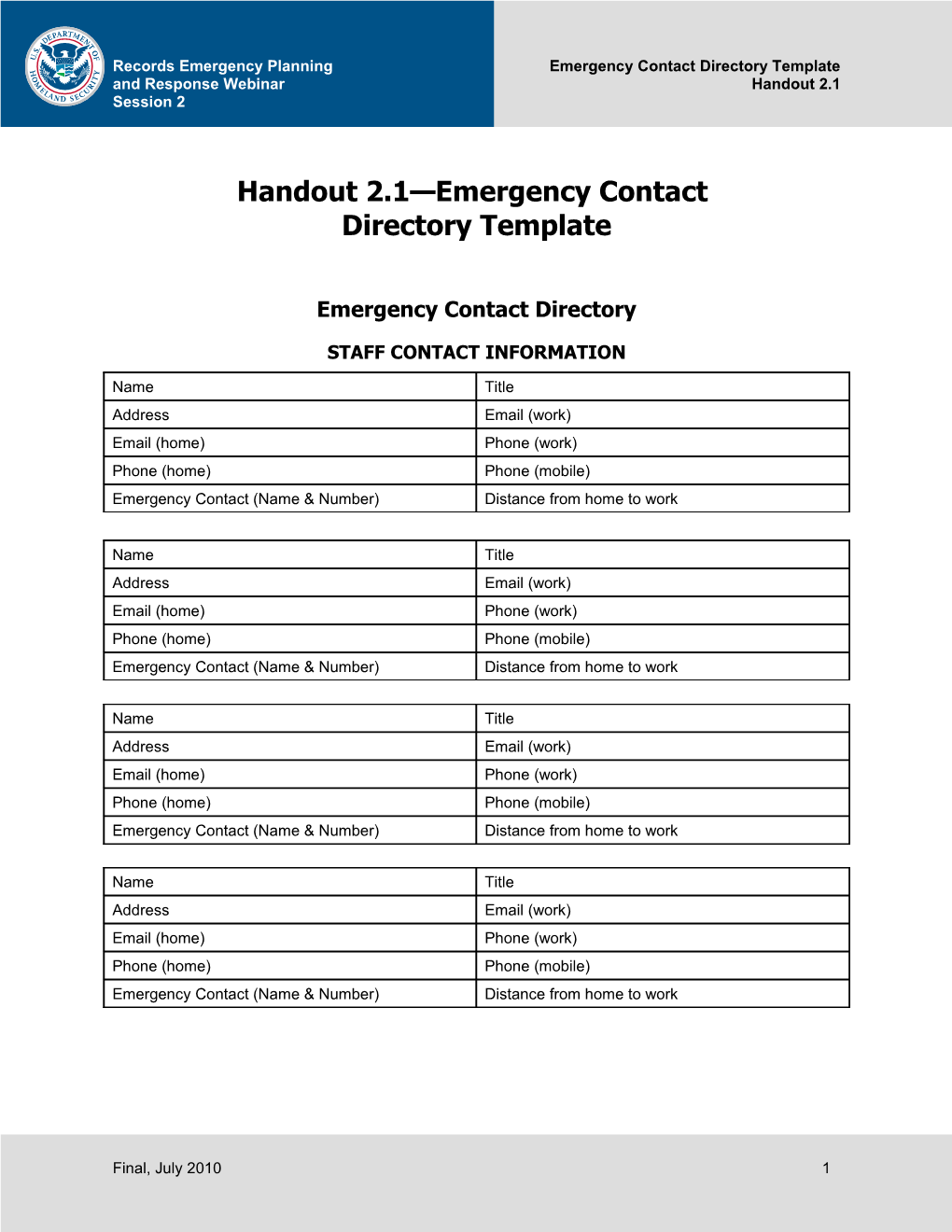 Handout 1.2: Emergency Contact Directory Template