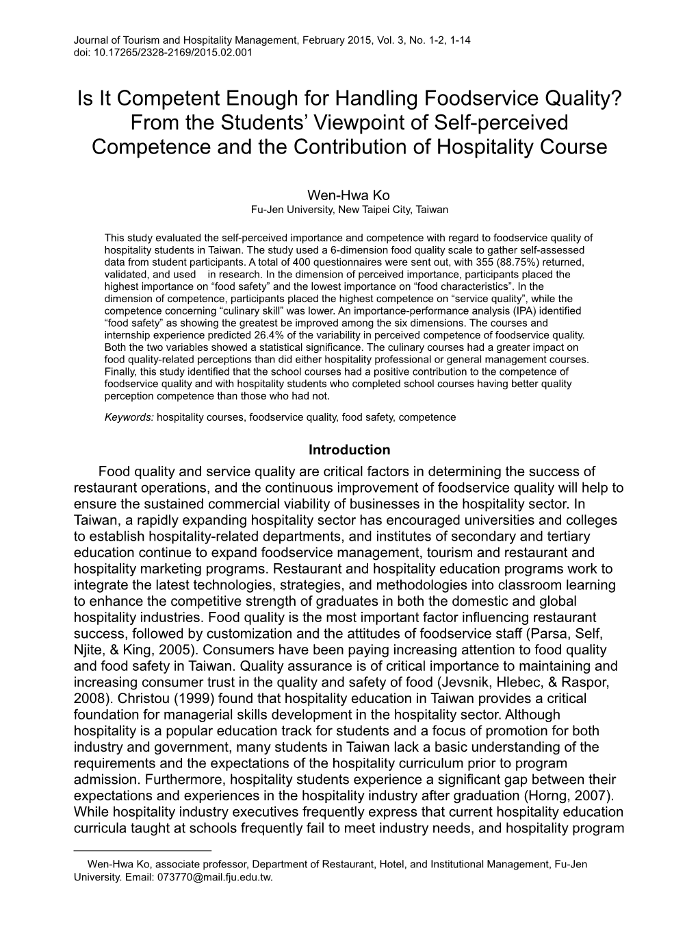 Self-Perceived Competence and the Contribution of Hospitality Course