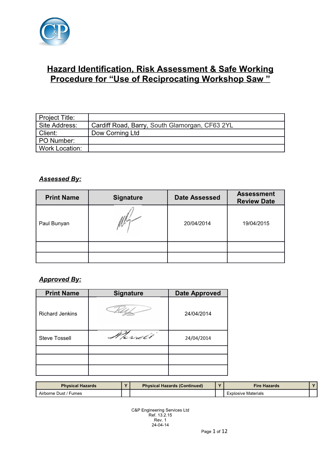 Hazard Identification, Risk Assessment & Safe Working Procedure For