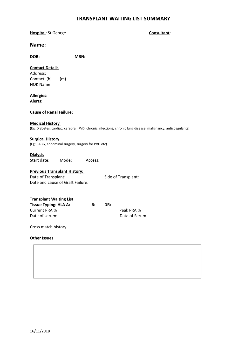 Transplant Waiting List Summary