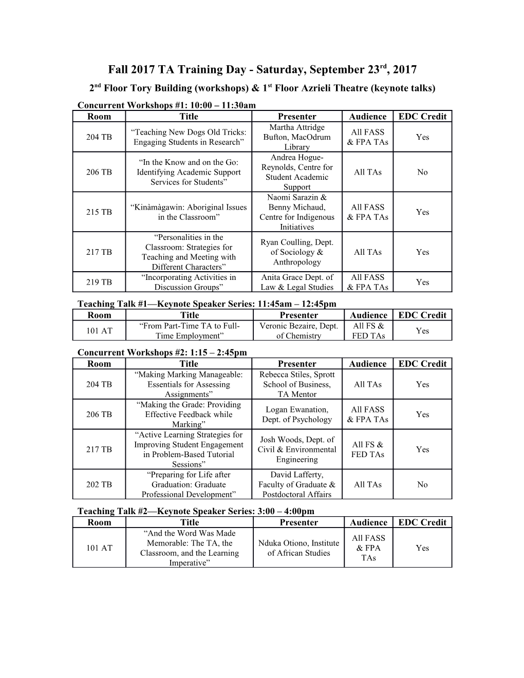 2Nd Floor Tory Building (Workshops) & 1St Floor Azrieli Theatre (Keynote Talks)