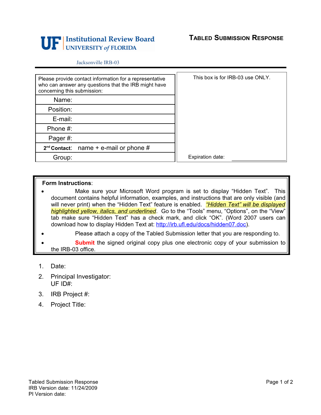 Tabled Submission Response Form