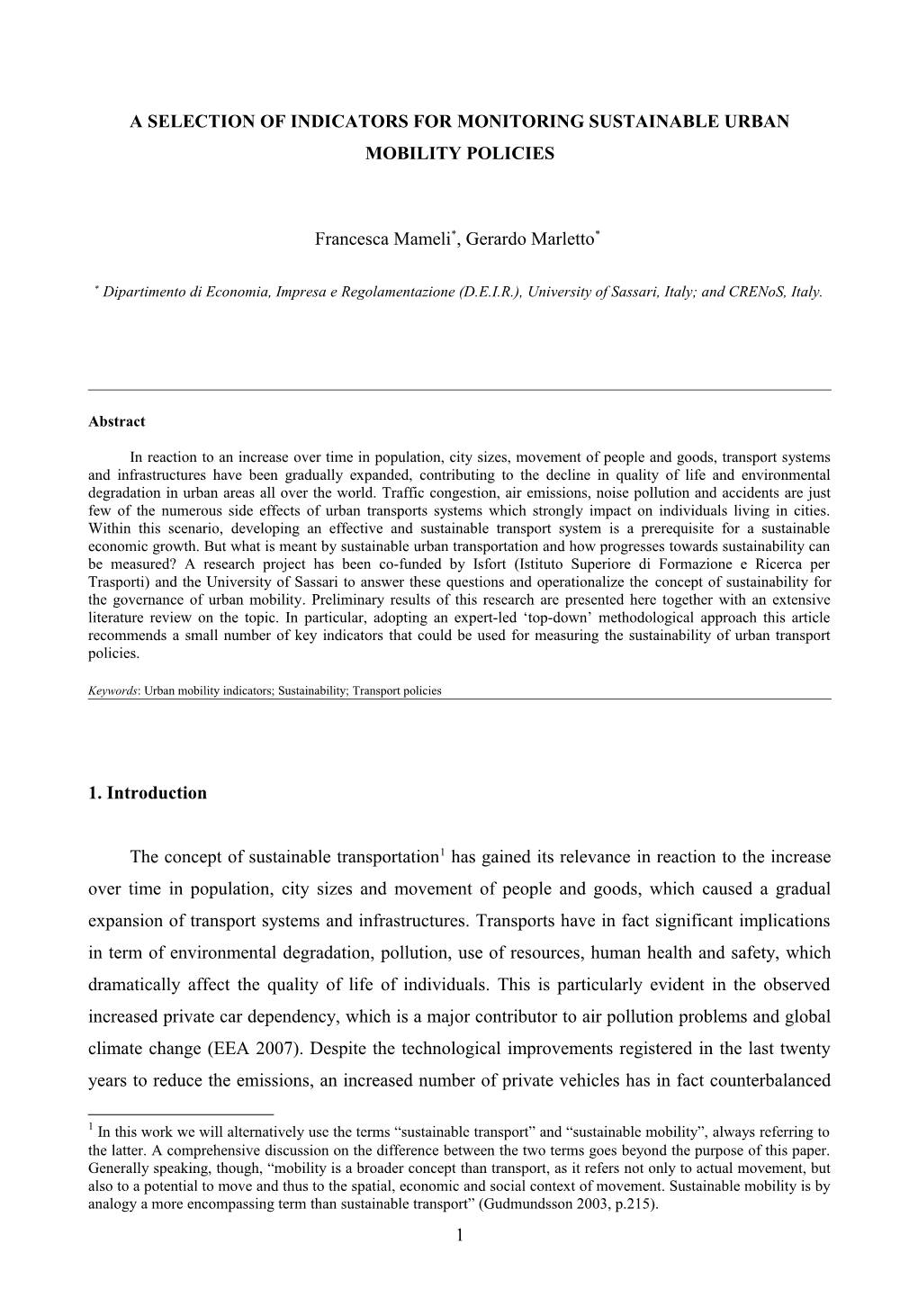 A Selection of Indicators for Monitoring Sustainable Urban Mobility Policies