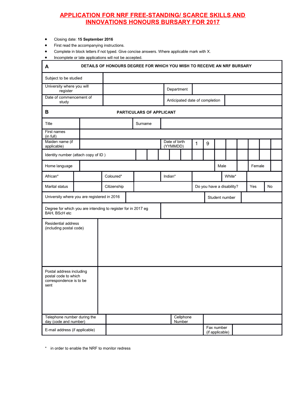 Application for Nrf Free-Standing Honours Bursary for 2004