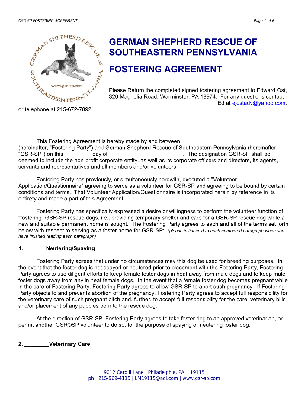 German Shepherd Rescue of Southeastern Pennsylvania Fostering Agreement