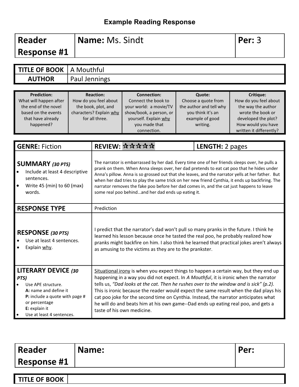 Example Reading Response