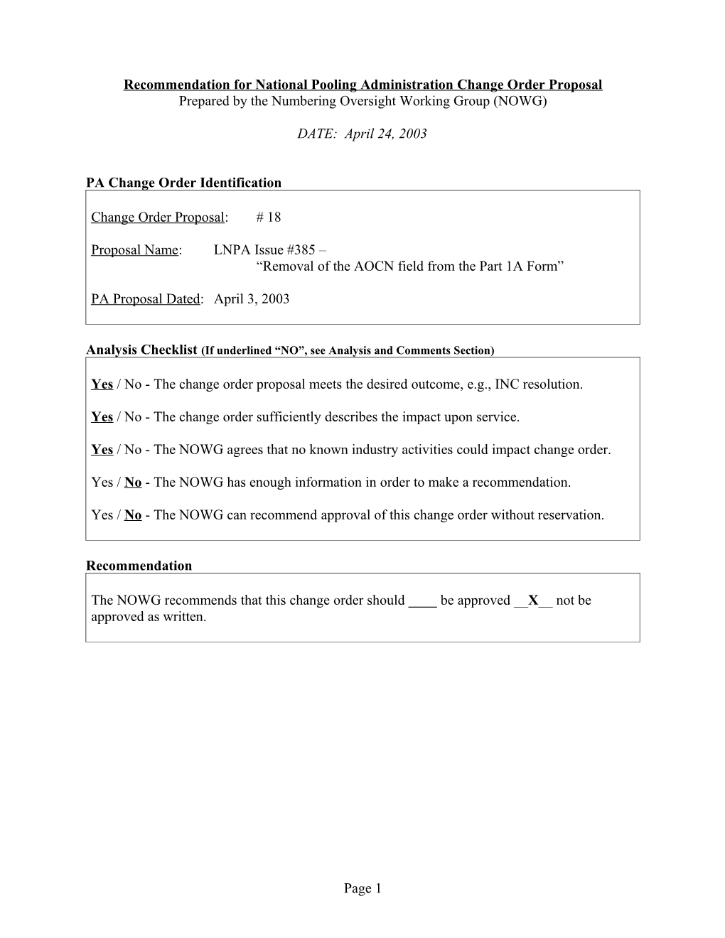 Recommendation for National Pooling Administration Change Order Proposal