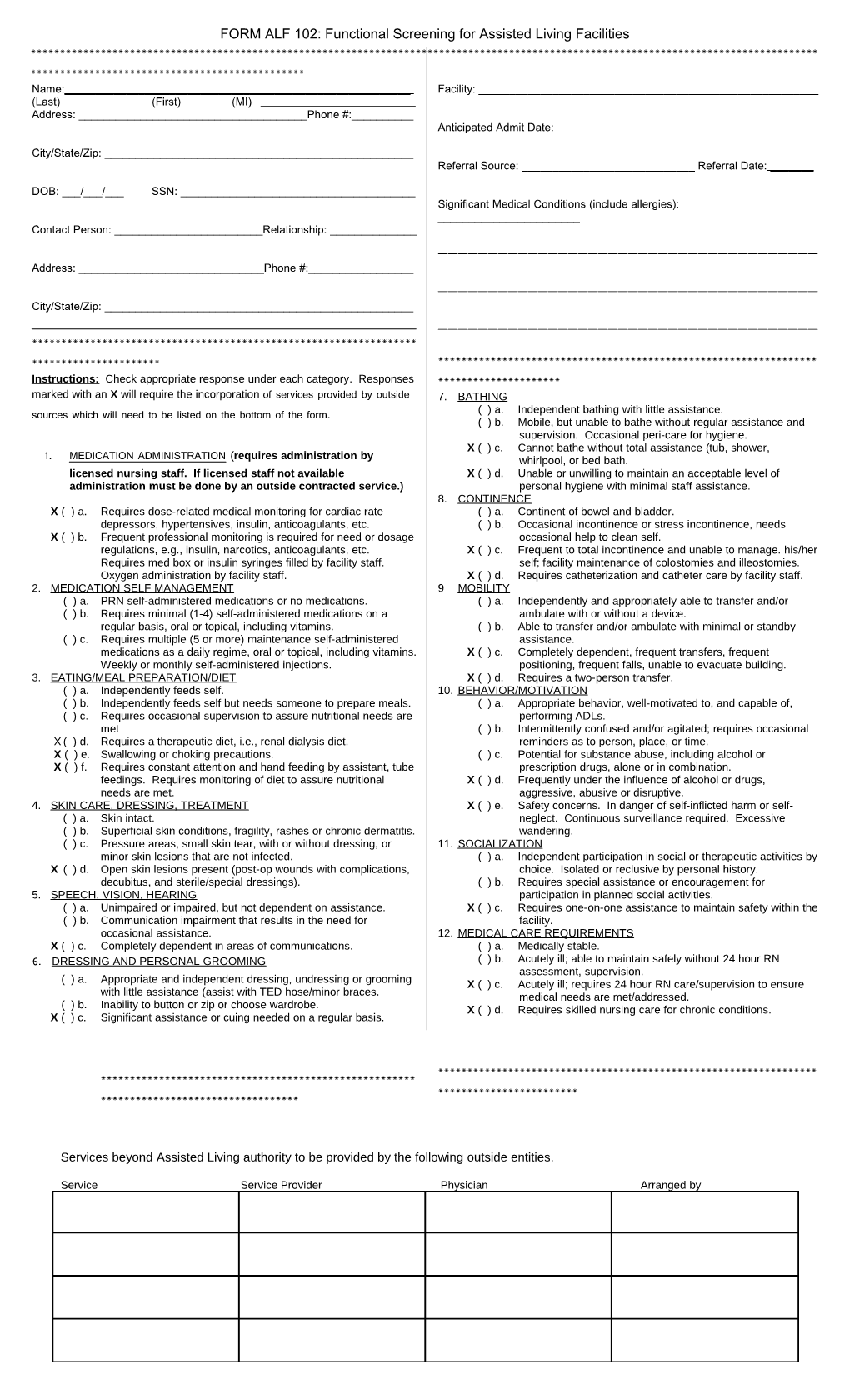 FORM ALF 102: Functional Screening for Assisted Living Facilities