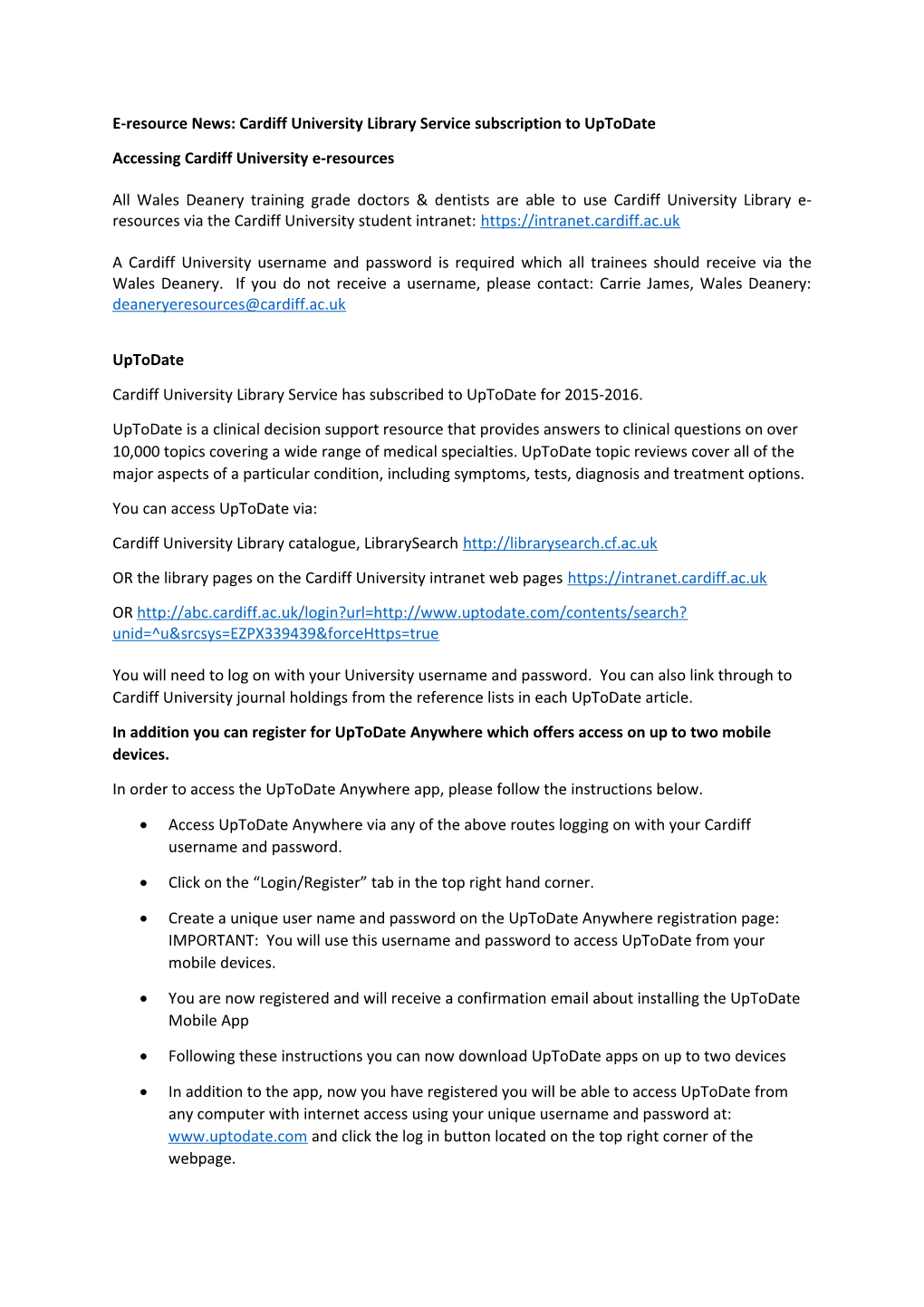 E-Resource News: Cardiff University Library Service Subscription to Uptodate