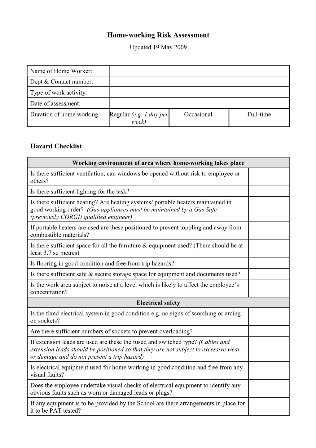 Home-Working Risk Assessment