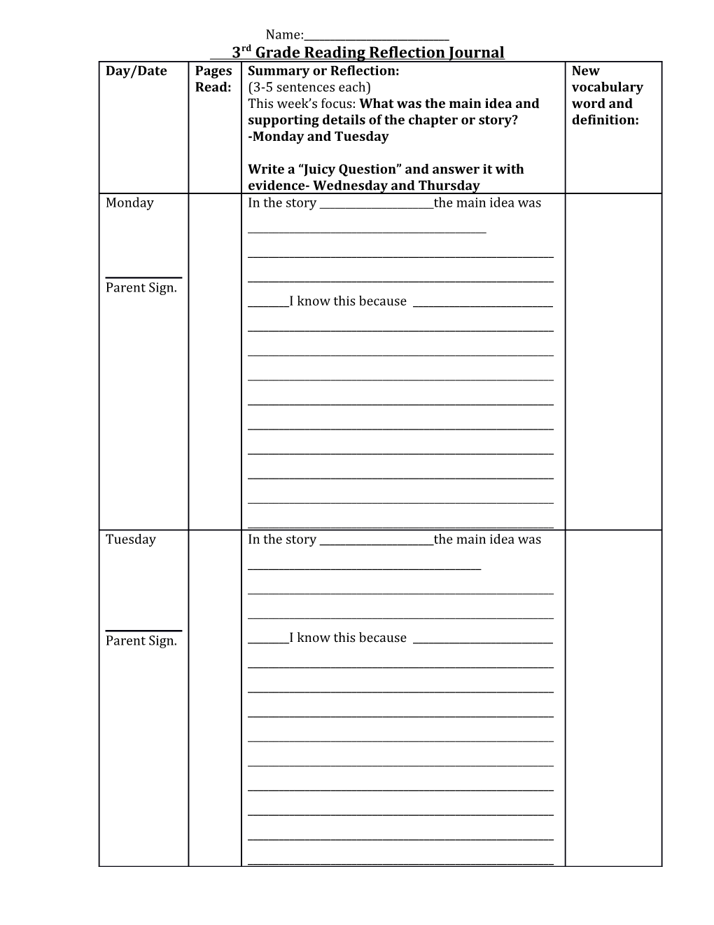 3Rd Grade Reading Reflection Journal