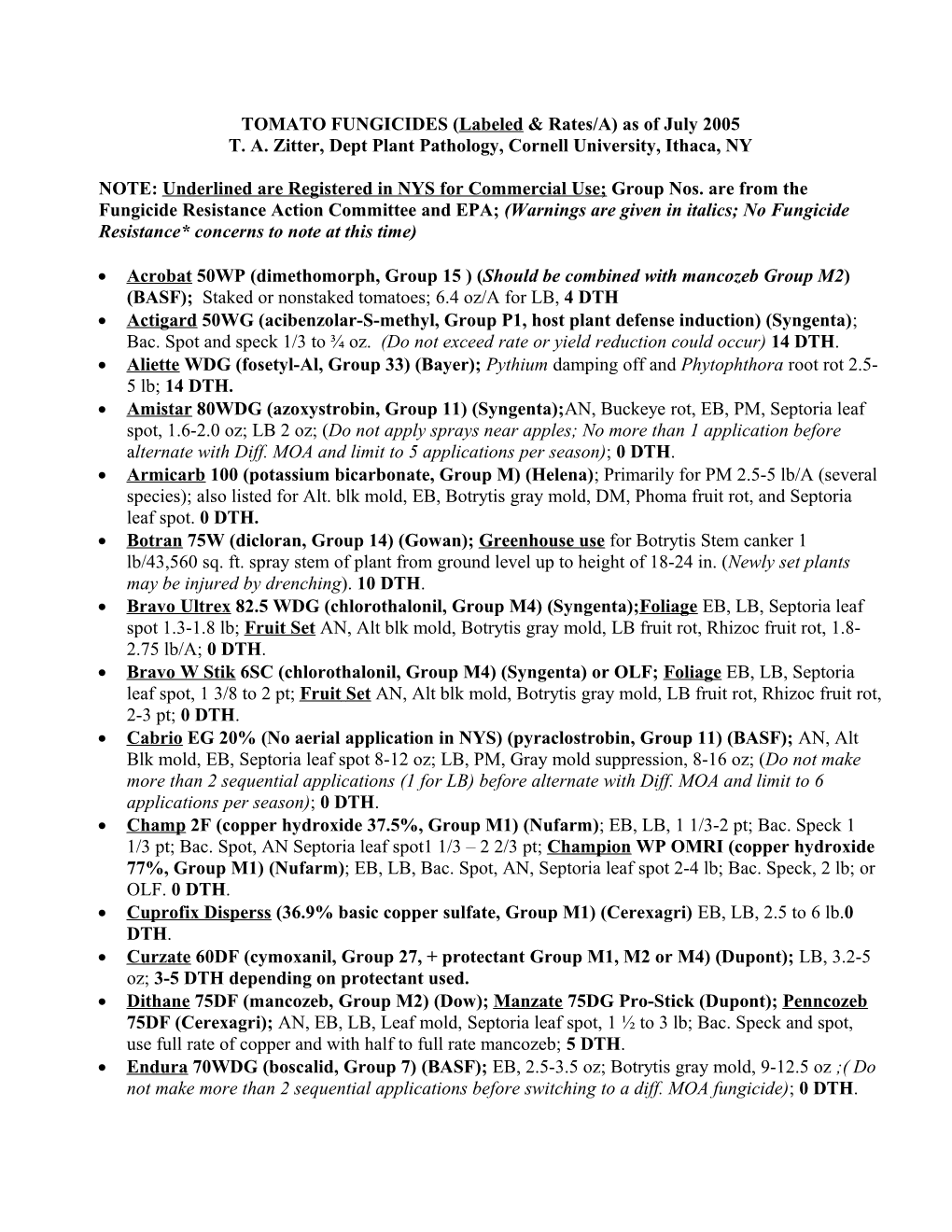 TOMATO FUNGICIDES(Labeledrates/A) As Ofjuly 2005