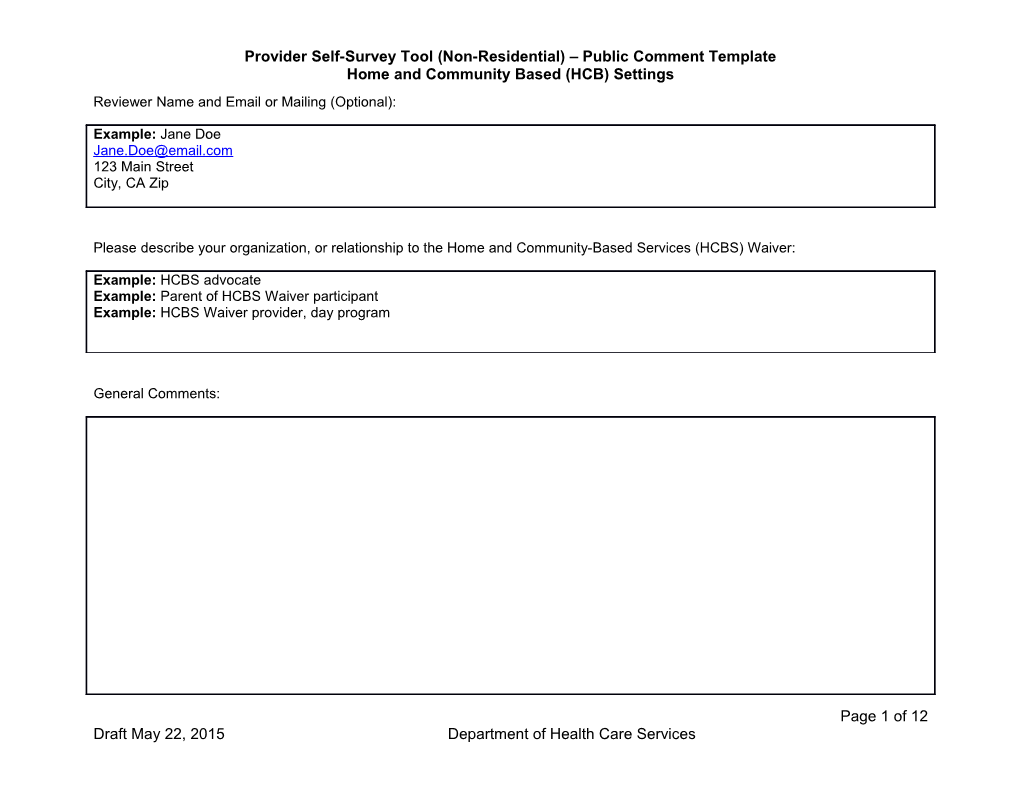 Provider Self-Survey Tool (Non-Residential) - Public Comment Template