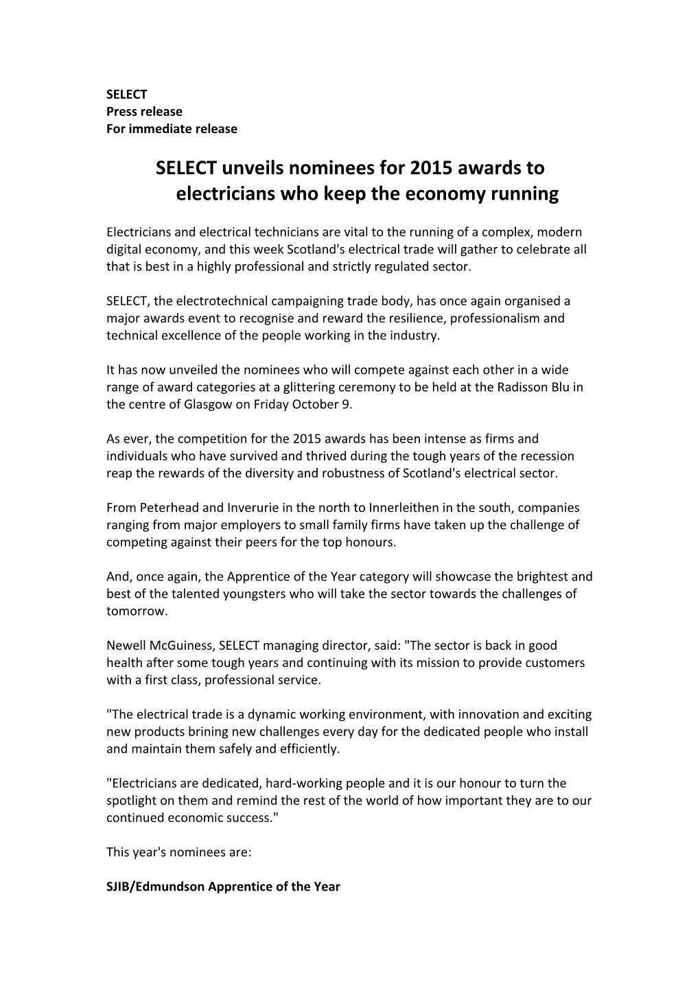 SELECT Unveils Nominees for 2015 Awards to Electricians Who Keep the Economy Running