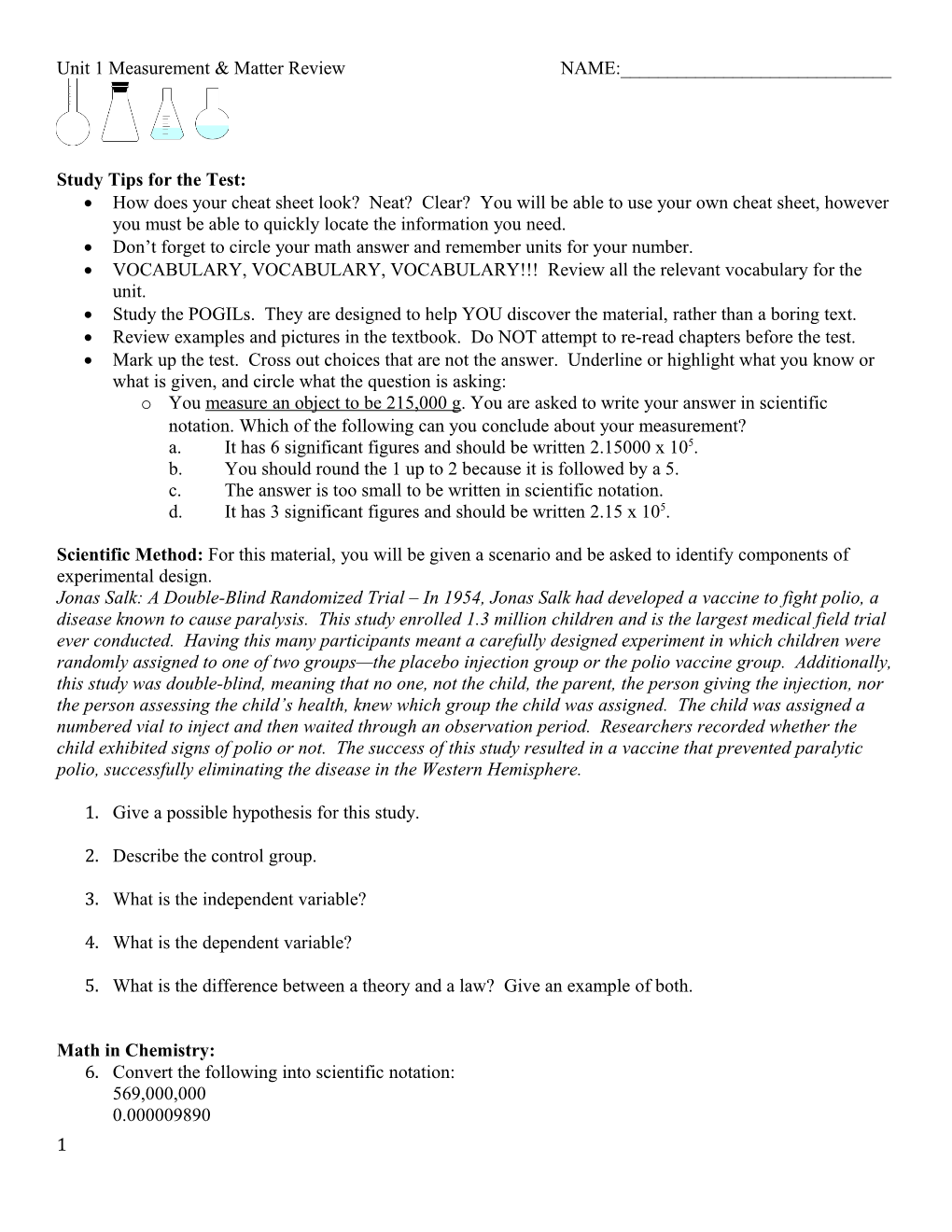 Unit 1 Measurement & Matter Reviewname:______