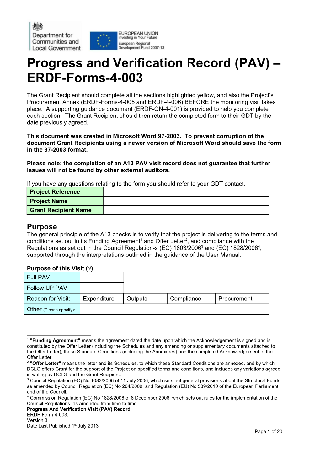 Progress and Verification Record (PAV) ERDF-Forms-4-003