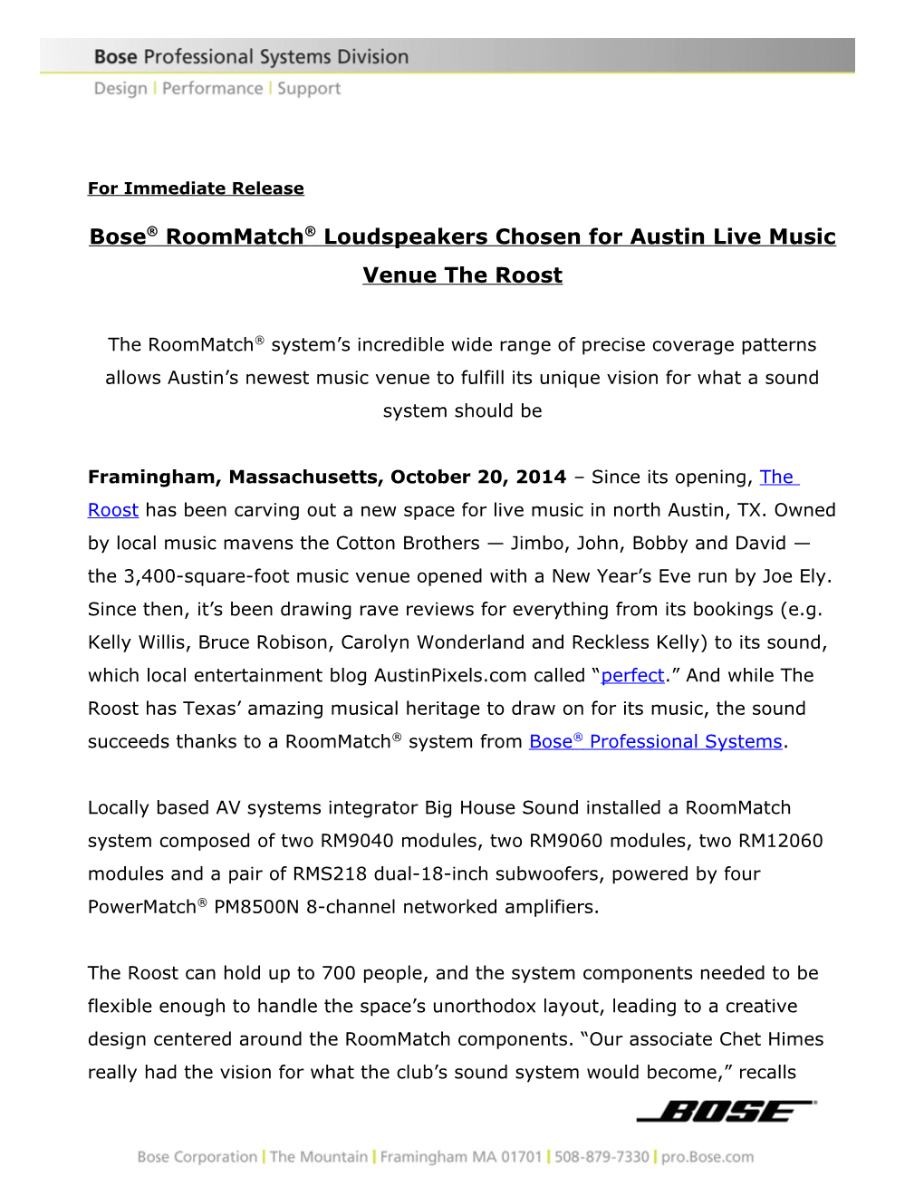 Bose Roommatch Loudspeakers Chosen for Austin Live Music Venue the Roost