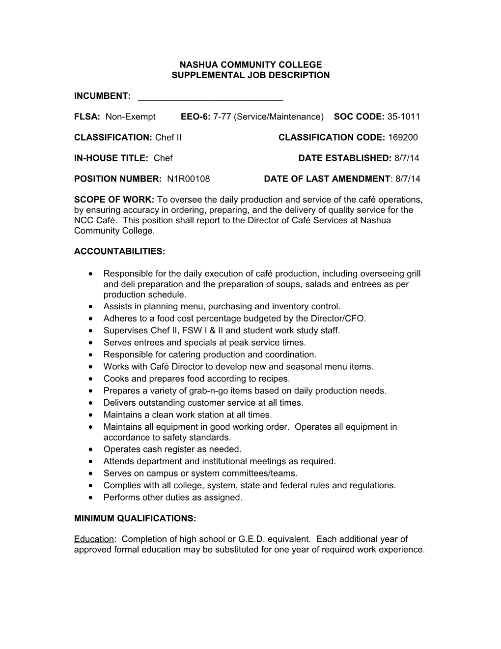Nashua Community College Supplemental Job Description