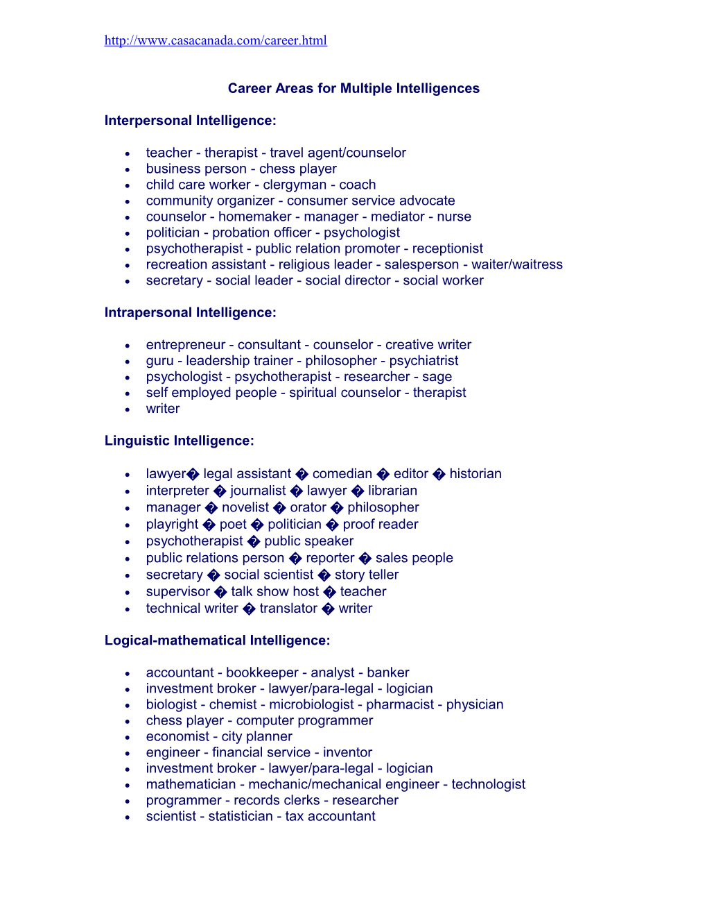 Career Areas for Multiple Intelligences