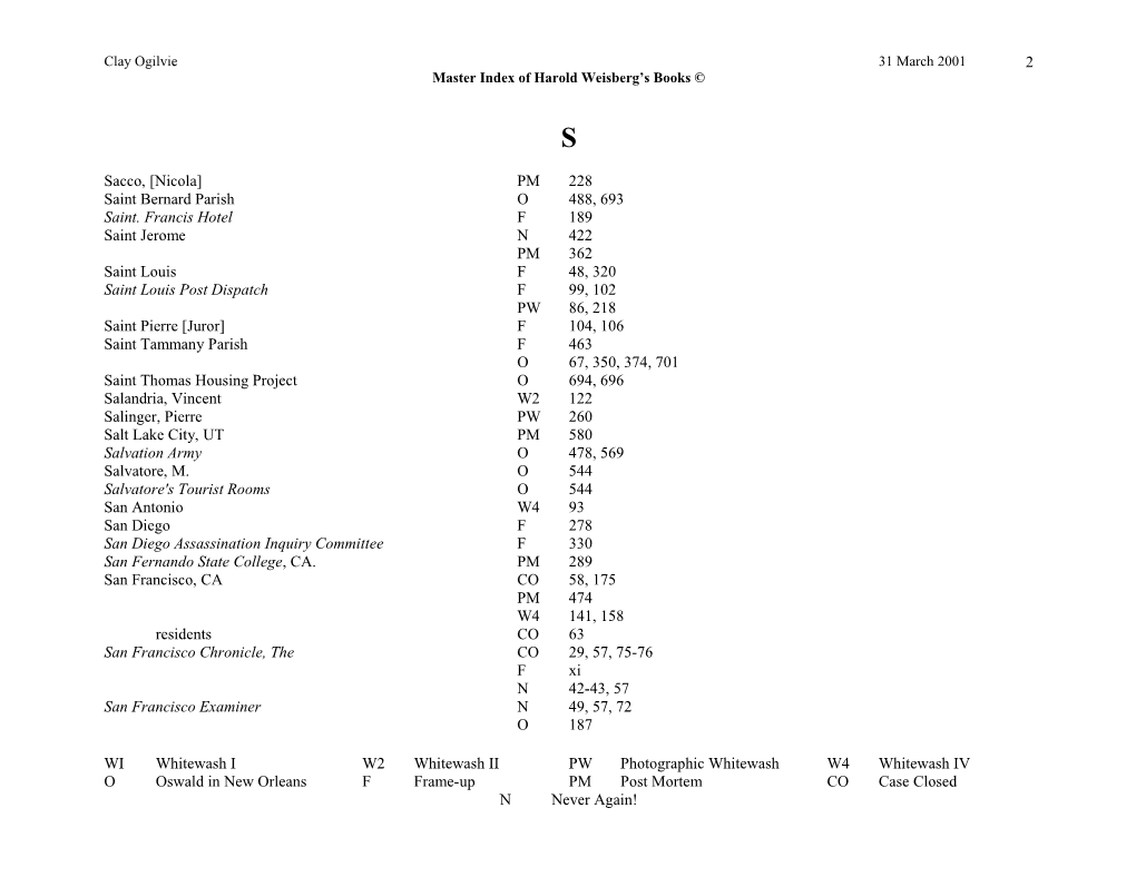 Master Index of Harold Weisberg S Books