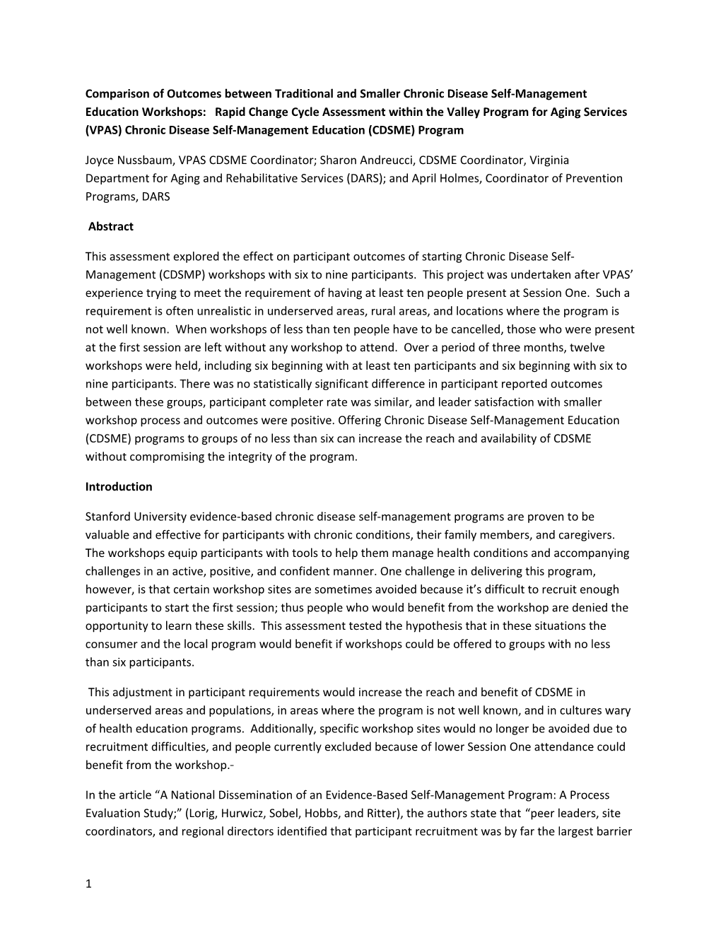 Comparison of Outcomes Between Traditional and Smaller Chronic Disease Self-Management