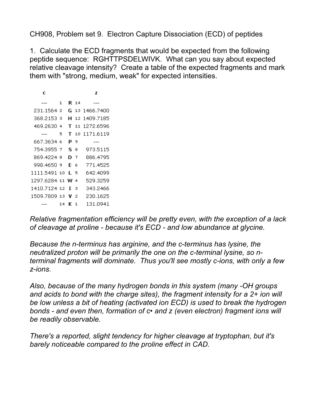 CH908, Problem Set 9. Electron Capture Dissociation (ECD) of Peptides