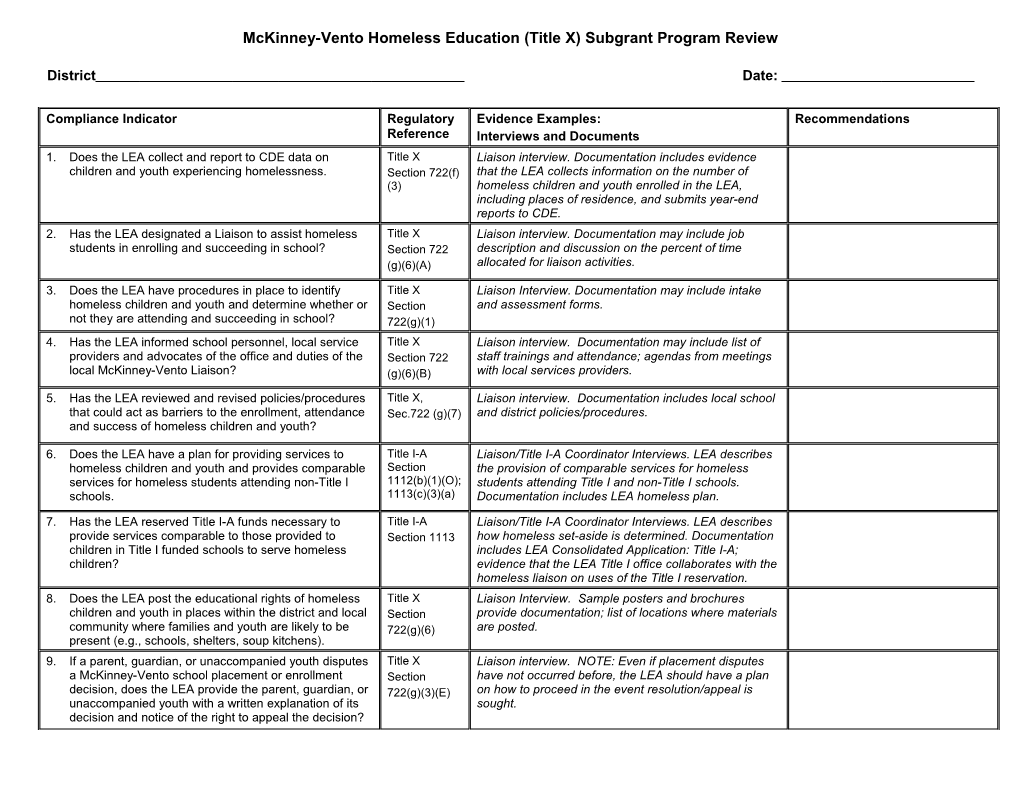 Mckinney-Vento Homeless Education (Title X) Subgrant Program Review