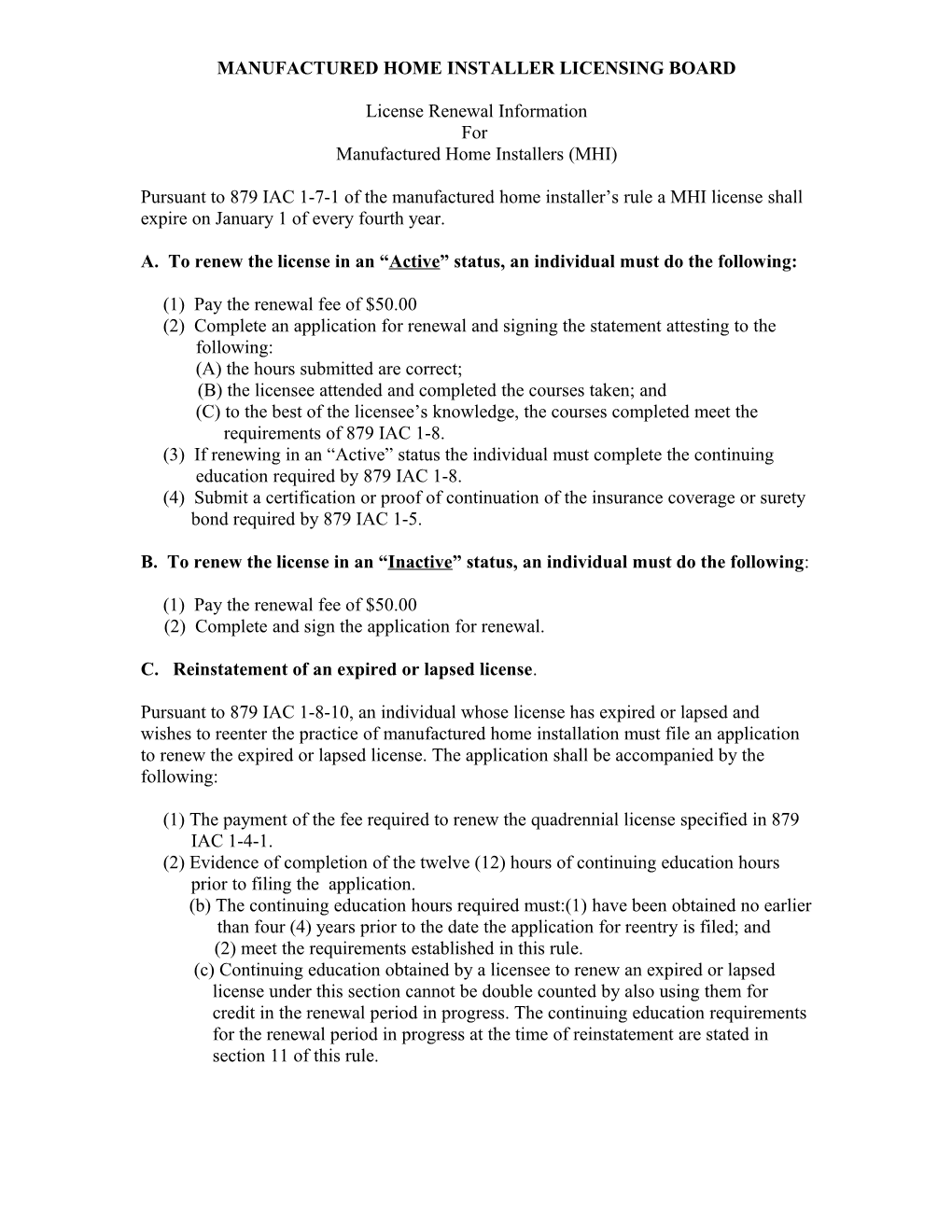 Manufactured Home Installer Licensing Board