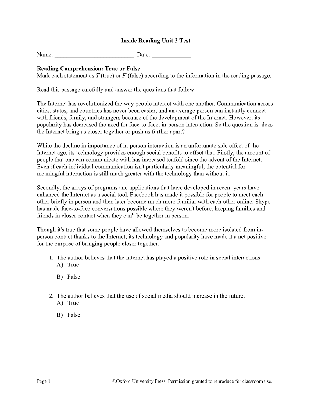 Inside Reading Unit 3 Test