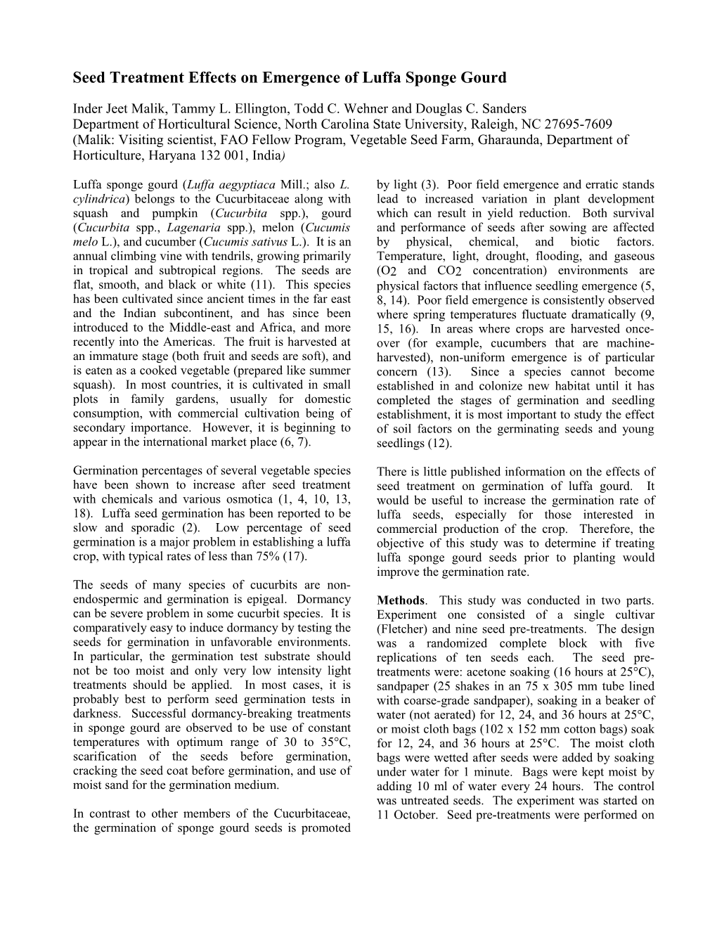 Seed Treatment Effects on Emergence of Luffa Sponge Gourd