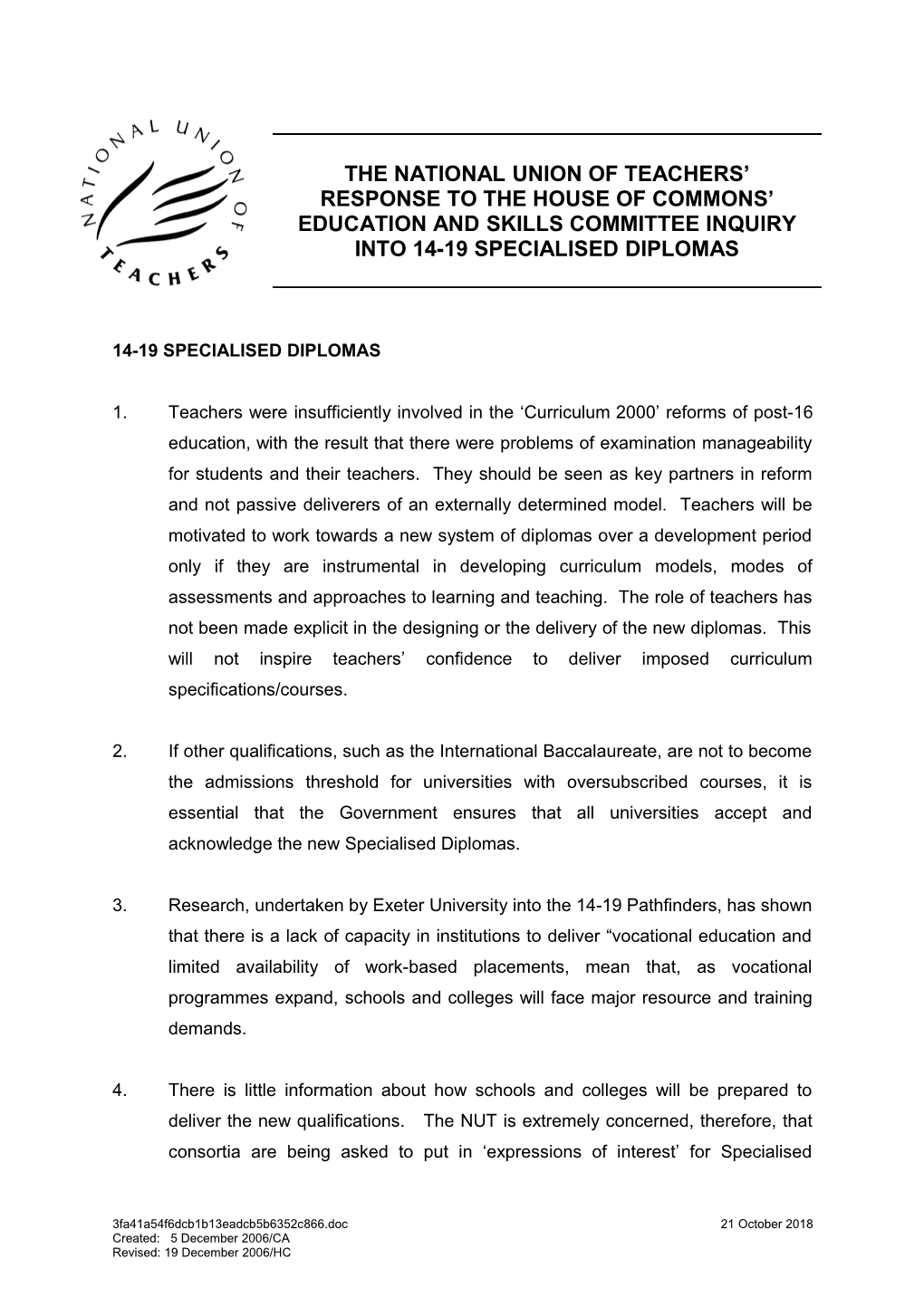 14-19 Specialised Diplomas