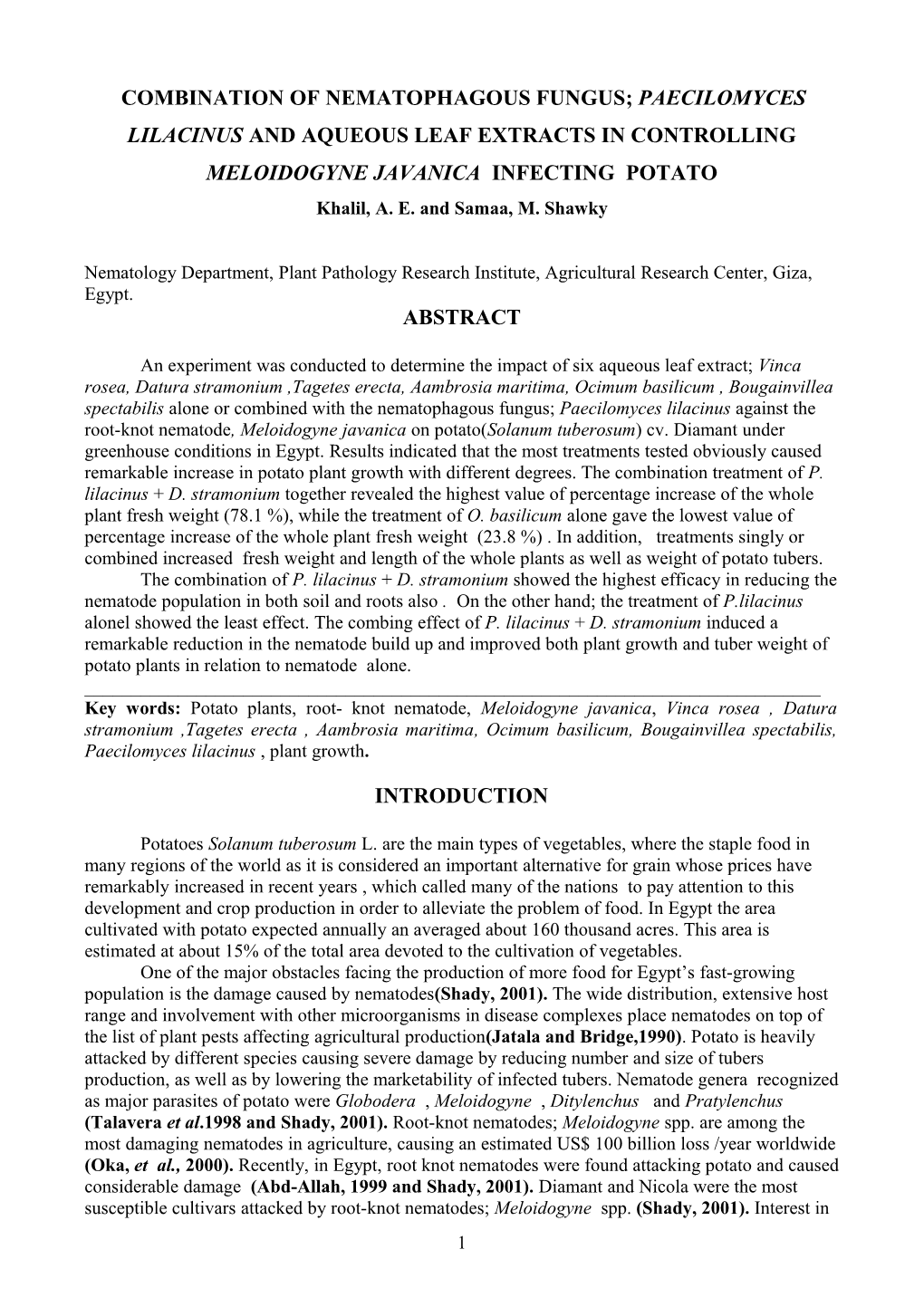 Integrated Control of Root- Knot Nematodes, Meloidogyne Javanica on Potato in Egypt