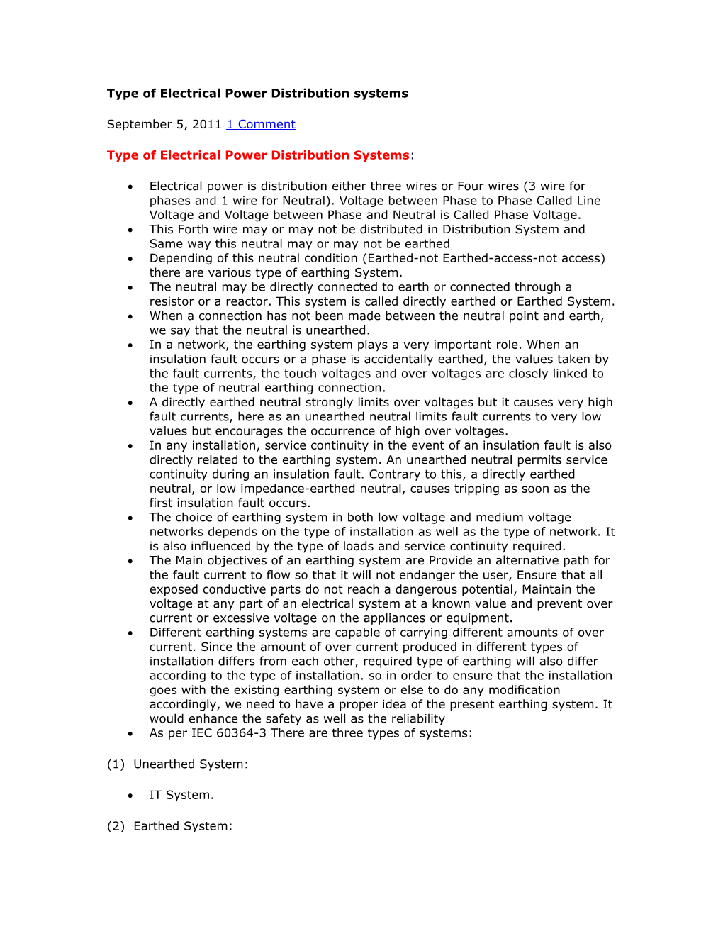 Type of Electrical Power Distributionsystems